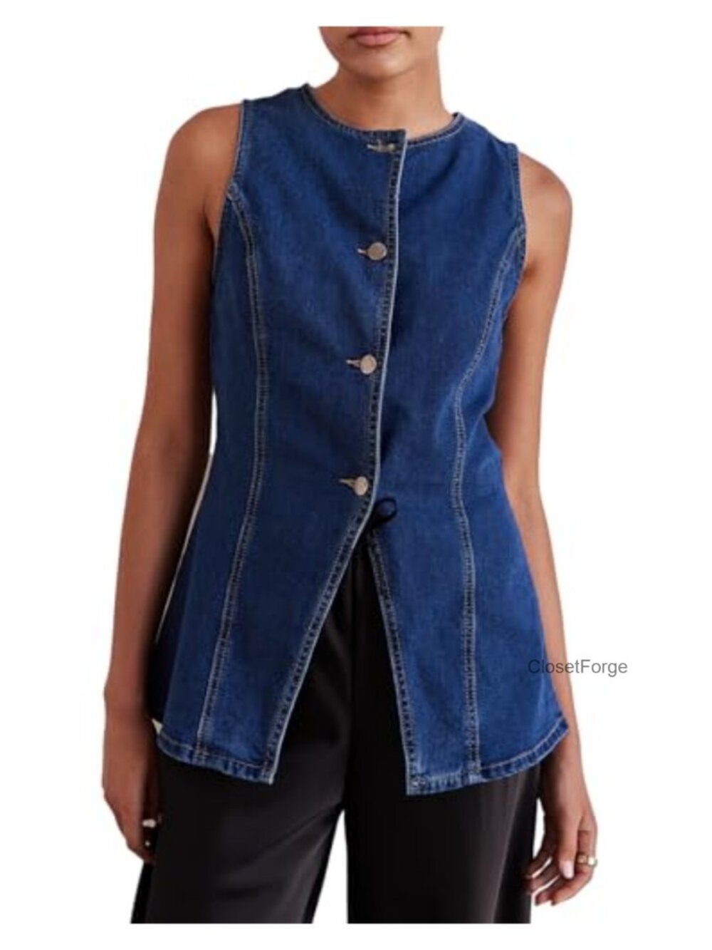 Long Denim Vest Waistcoat Sleeveless Button-Up Back Slit Jean Jacket Vest
